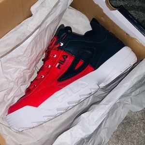 Red blue and white Fila sneakers